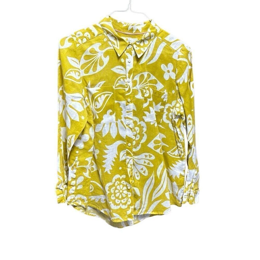 Boden Women’s Mustard Print Linen Long Sleeve Button Down Size 8R